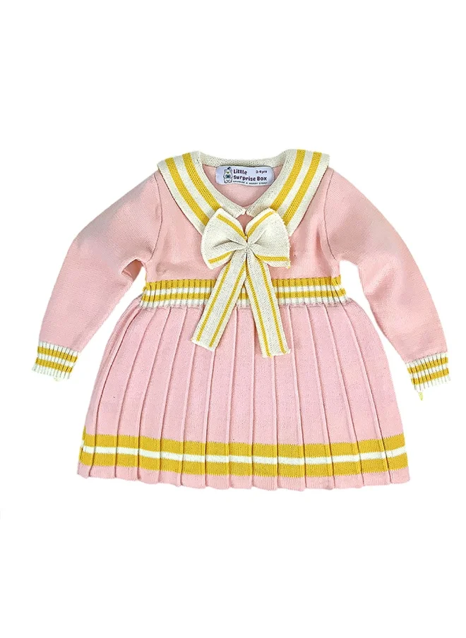 LITTLE SURPRISE BOX Pink & Mustard Big Bow & Stripes Sailor  neck Winterwear Frock for girls -2-3Y