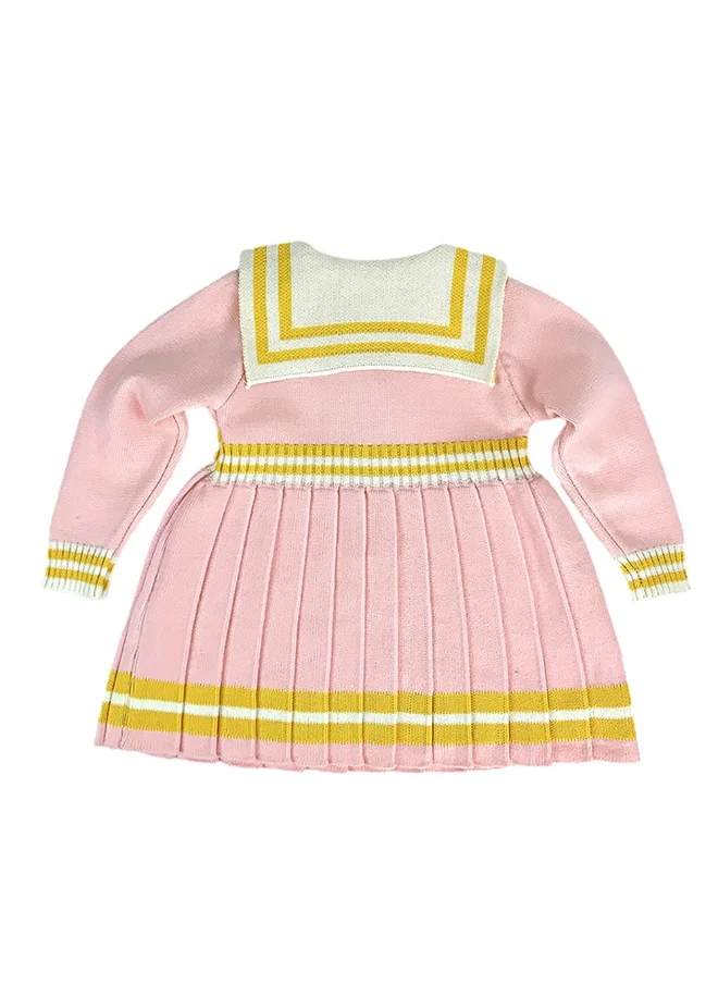 LITTLE SURPRISE BOX Pink & Mustard Big Bow & Stripes Sailor  neck Winterwear Frock for girls -2-3Y