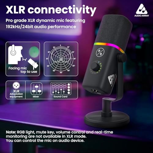 Audio Array AM-C45 XLR/USB Professional RGB Dynamic Podcast Microphone | Built-in Monitoring | One Touch Mute Volume & Noise-Cancellation | 2M USB Cable & Metal Base | Streaming, Podcasting, Singing - Image 4
