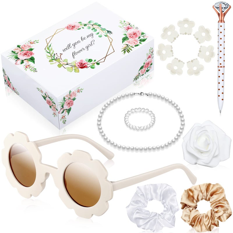 Yilloog 16 Pcs Flower Girl Proposal Box Kit Gifts Round Glasses Necklace Pearl Bracelet Diamond Pen Hair Scrunchies Rose Will You Be My Flower Girl for WeddingMilky White