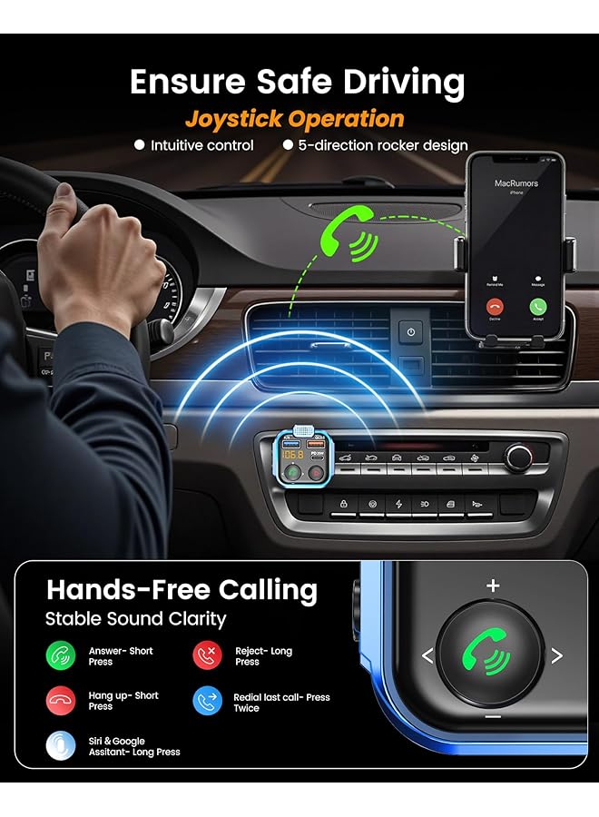 Lencent Car Fm Transmitter, Wireless Bluetooth 5.3 Radio Adapter Car Kit, Pd3.0 Type C 20W+Qc3.0 Car Fast Charger, Hands Free Calling, Bass Lossless Hi-Fi Sound Support U Disk - Image 2