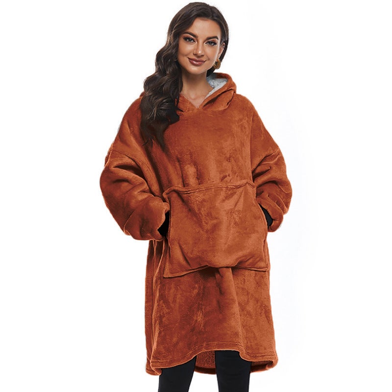 Autumn and Winter Sherpa Comfortable Blanket with Deep Pocket Hoodie Pet Pocket Lazy Blanket Tv Blanket Lake blue - Image 3