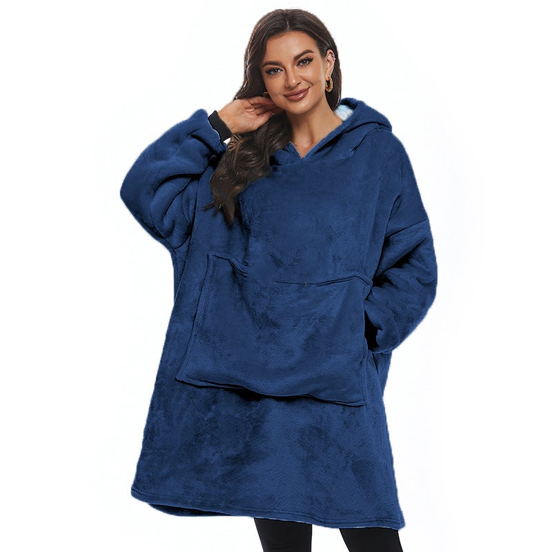 Autumn and Winter Sherpa Comfortable Blanket with Deep Pocket Hoodie Pet Pocket Lazy Blanket Tv Blanket Lake blue - Image 2