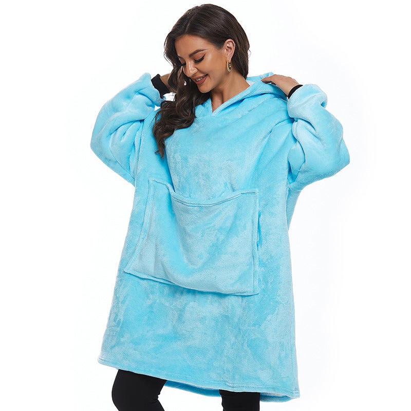 Autumn and Winter Sherpa Comfortable Blanket with Deep Pocket Hoodie Pet Pocket Lazy Blanket Tv Blanket Lake blue - Image 1