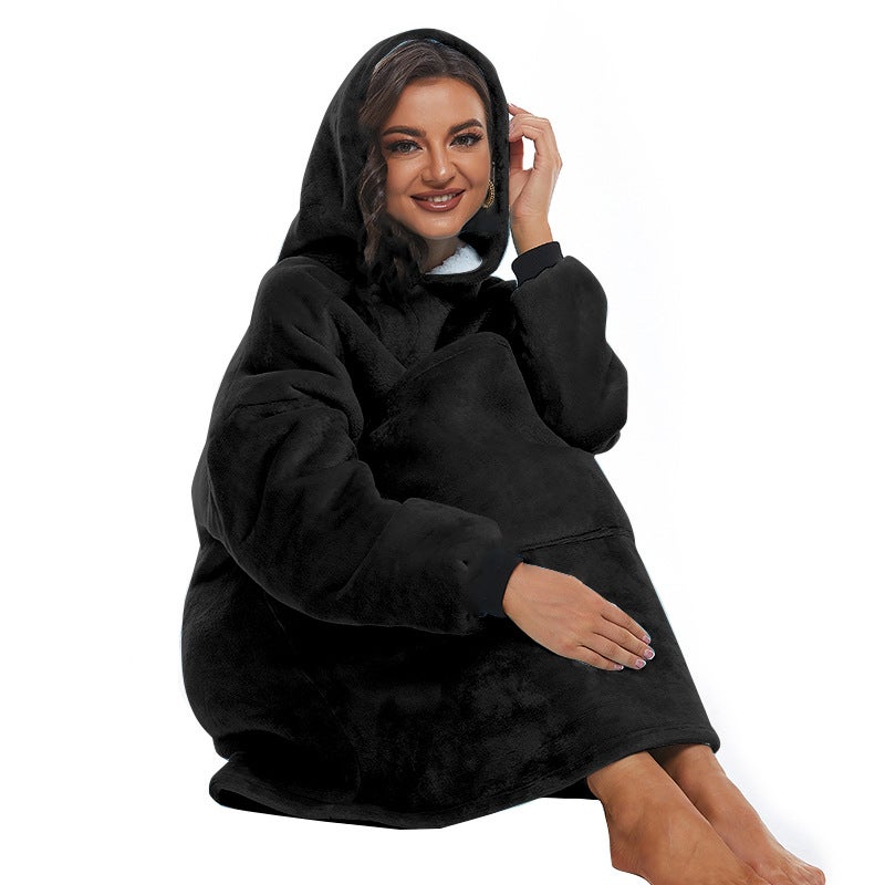 Autumn and Winter Sherpa Comfortable Blanket with Deep Pocket Hoodie Pet Pocket Lazy Blanket Tv Blanket Lake blue - Image 4