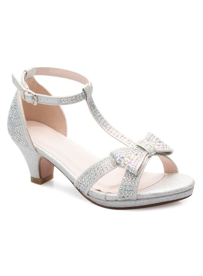 Olivia K Girl's Glitter Leatherette Open Toe Strappy Ankle T Strap Kitten Heel Sandal (Toddler/Little Girl), Silver Glitter, 4 Big Kid - Image 1