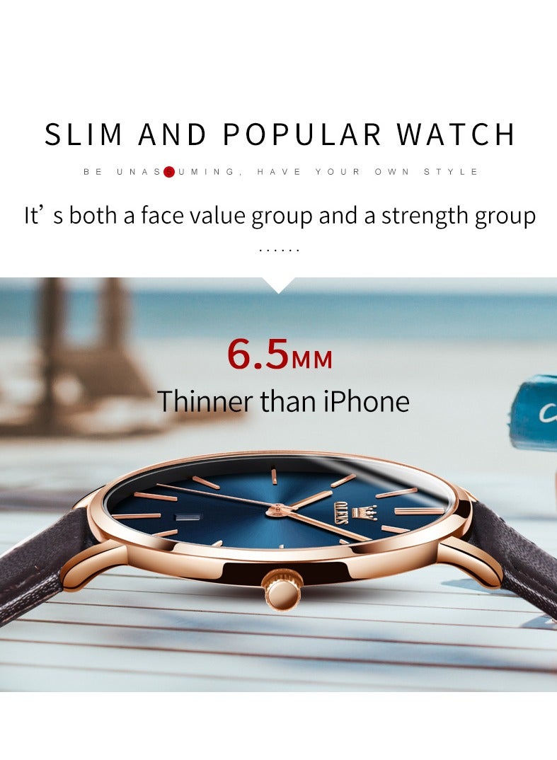 أوليفز OLEVS الرجال ساعات المعصم رقيقة جدا 6.5 مم الحد الأدنى فستان الأعمال مقاومة للماء والتاريخ والجلد حزام رقيقة الساعات للرجال - Image 3