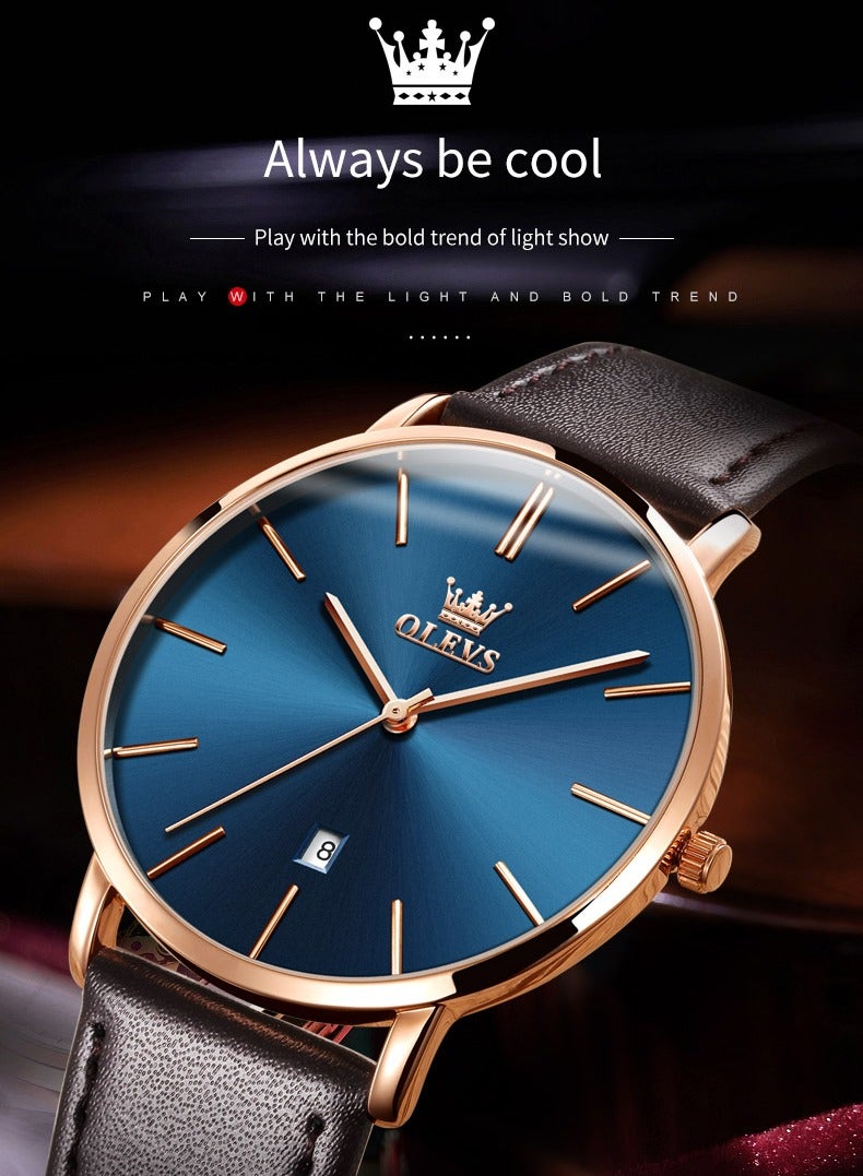 أوليفز OLEVS الرجال ساعات المعصم رقيقة جدا 6.5 مم الحد الأدنى فستان الأعمال مقاومة للماء والتاريخ والجلد حزام رقيقة الساعات للرجال - Image 2