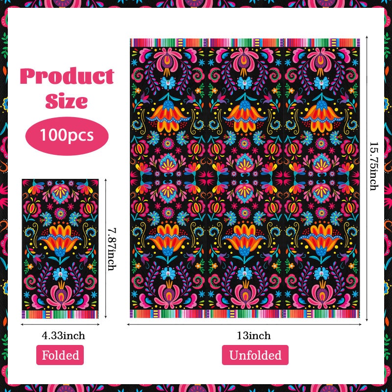 Grencian 100Pcs Mexican Fiesta Napkins 3Ply Colorful Flower Paper Napkins Disposable Bathroom Hand Napkins Guest Towels Mayo Dance Taco Pinata Dinner Napkins for Mexican Fiesta Party Decorations Birthday - Image 2