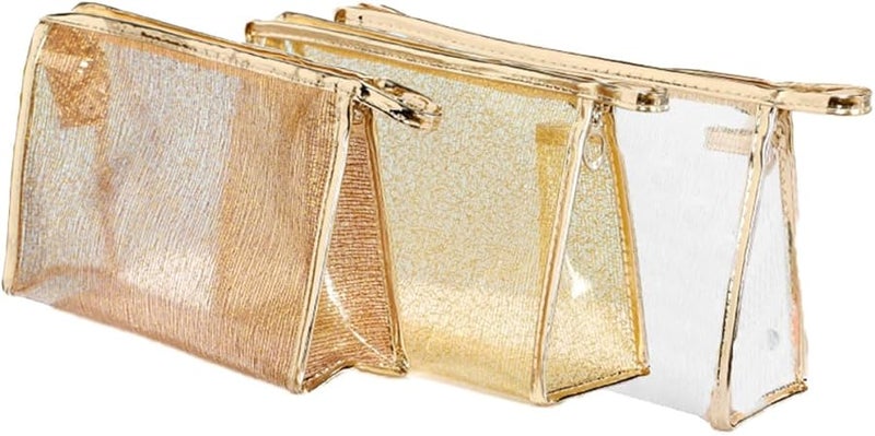 3Pcs TPU Travel Makeup Bag Set White Coffee Gold Cosmetic Organizer with Zipper - Image 1