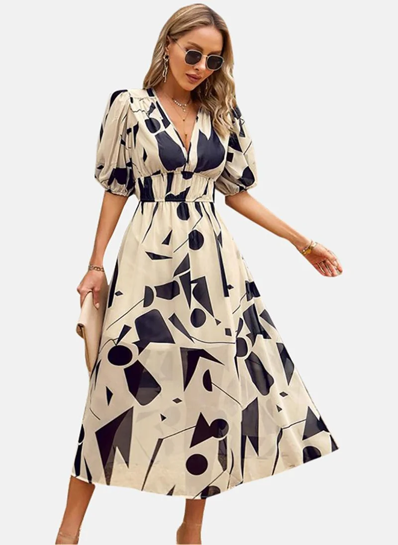 يونيكي Abstract Print Puff Sleeve Chiffon A-Line V-Neck Midi Dress