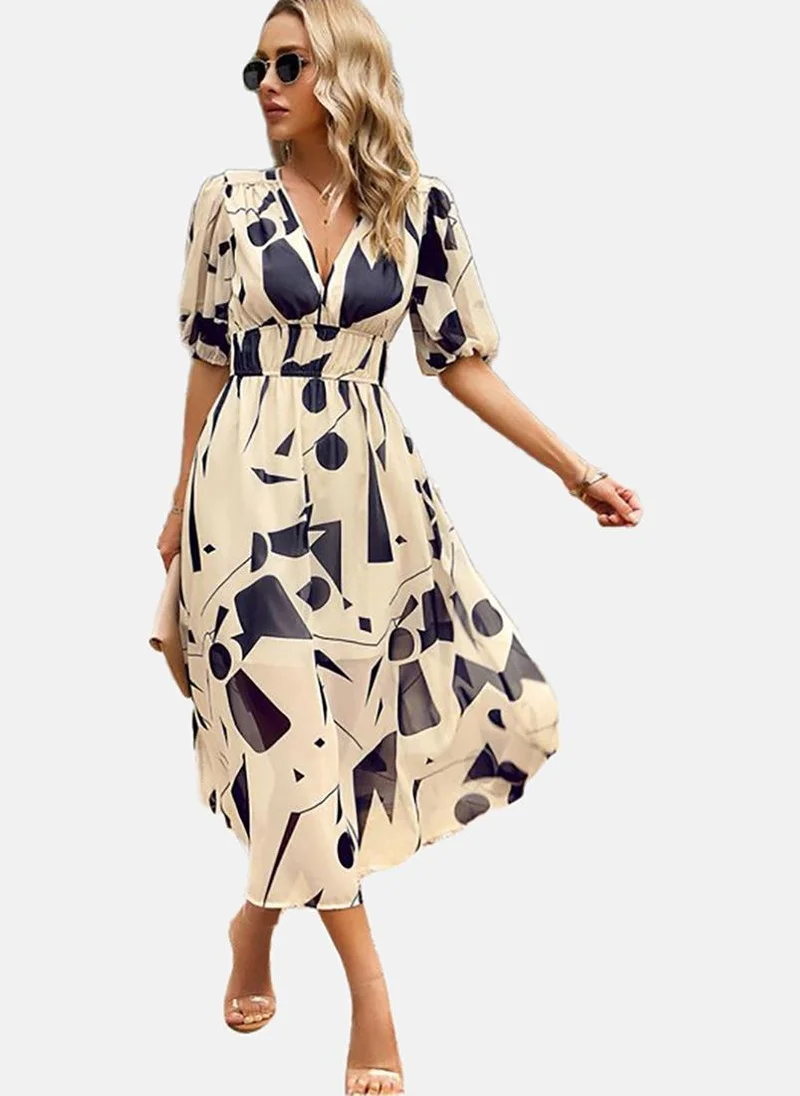 يونيكي Abstract Print Puff Sleeve Chiffon A-Line V-Neck Midi Dress