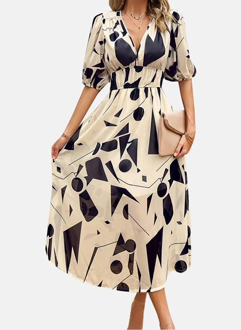 يونيكي Abstract Print Puff Sleeve Chiffon A-Line V-Neck Midi Dress