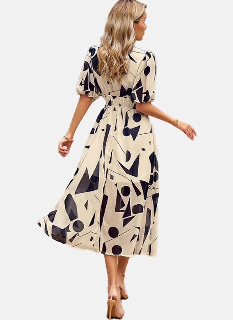 يونيكي Abstract Print Puff Sleeve Chiffon A-Line V-Neck Midi Dress
