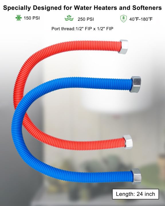 PNYZIK 2 Pcs 24 Inch Flexible Stainless Steel Corrugated Water Heater Connector 1/2" FIP x 1/2" FIP for Water Softener, Hot and Cold Water Heater Hose Line, Blue and Red Water line, - Image 2