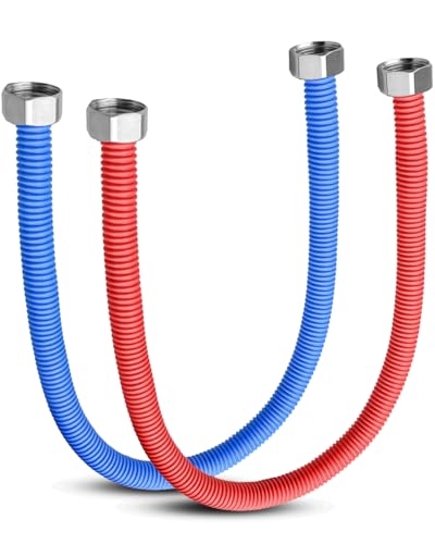PNYZIK 2 Pcs 24 Inch Flexible Stainless Steel Corrugated Water Heater Connector 1/2" FIP x 1/2" FIP for Water Softener, Hot and Cold Water Heater Hose Line, Blue and Red Water line, - Image 1