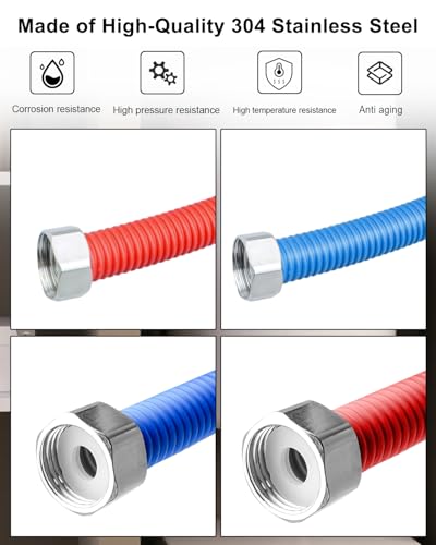 PNYZIK 2 Pcs 24 Inch Flexible Stainless Steel Corrugated Water Heater Connector 1/2" FIP x 1/2" FIP for Water Softener, Hot and Cold Water Heater Hose Line, Blue and Red Water line, - Image 3