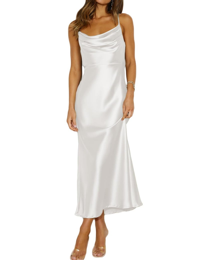 Mogidol Summer Satin Spaghetti Strap Cowl Neck Backless Midi Dresses for Women Elegant Tie Low Back Ruched Cocktail Dress White - Image 1