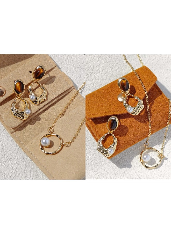 ShebSheb - Golden Jewelry Sets with Earrings Necklace,Fashion Elegant Earrings Necklace with Tiger Eye Stone Imitation Pearl for Women Ladies Girls Gift - Image 1