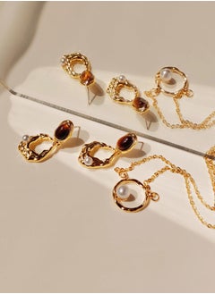 ShebSheb Golden Jewelry Sets with Earrings Necklace,Fashion Elegant Earrings Necklace with Tiger Eye Stone Imitation Pearl for Women Ladies Girls Gift  - Image 2