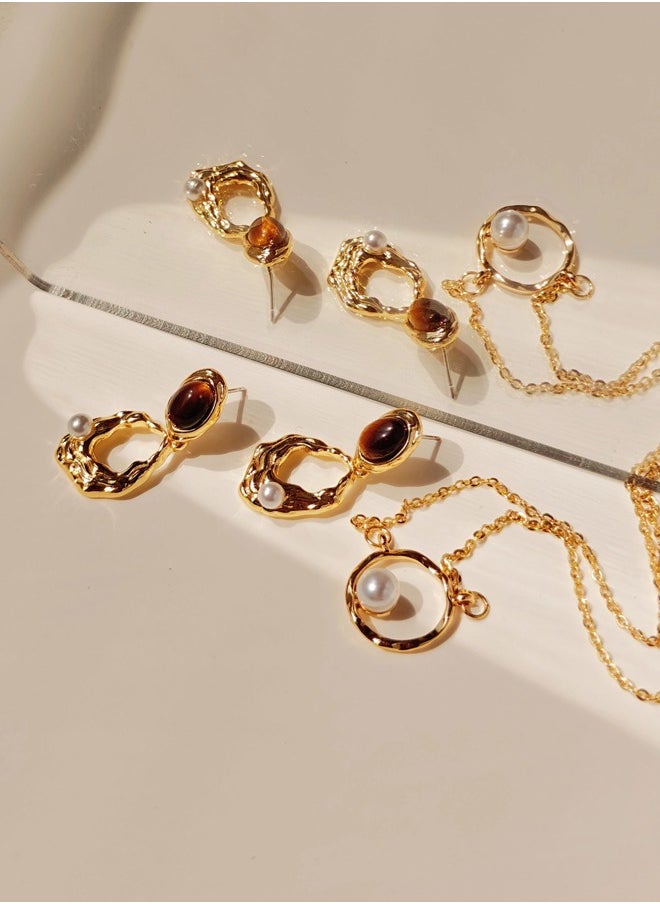 ShebSheb - Golden Jewelry Sets with Earrings Necklace,Fashion Elegant Earrings Necklace with Tiger Eye Stone Imitation Pearl for Women Ladies Girls Gift - Image 1