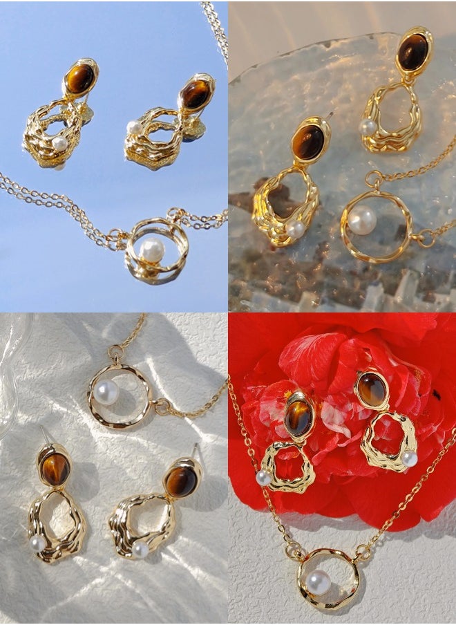 ShebSheb - Golden Jewelry Sets with Earrings Necklace,Fashion Elegant Earrings Necklace with Tiger Eye Stone Imitation Pearl for Women Ladies Girls Gift - Image 1