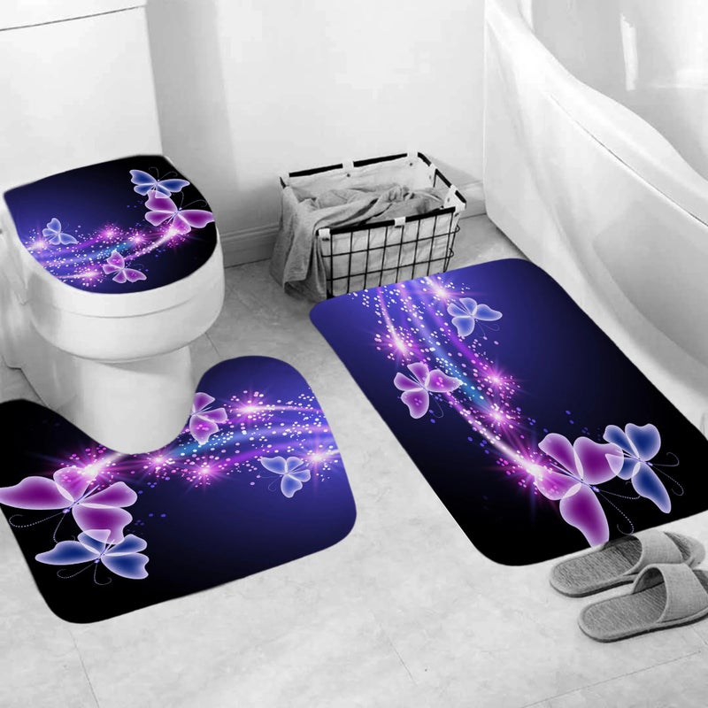 Y&D Butterfly Series 4-Piece Set Vintage Cartoon Mildew-Resistant Polyester Shower Curtain with Elegant 3-Piece Bathroom Mat - Image 4