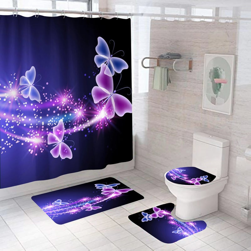 Y&D Butterfly Series 4-Piece Set Vintage Cartoon Mildew-Resistant Polyester Shower Curtain with Elegant 3-Piece Bathroom Mat - Image 2