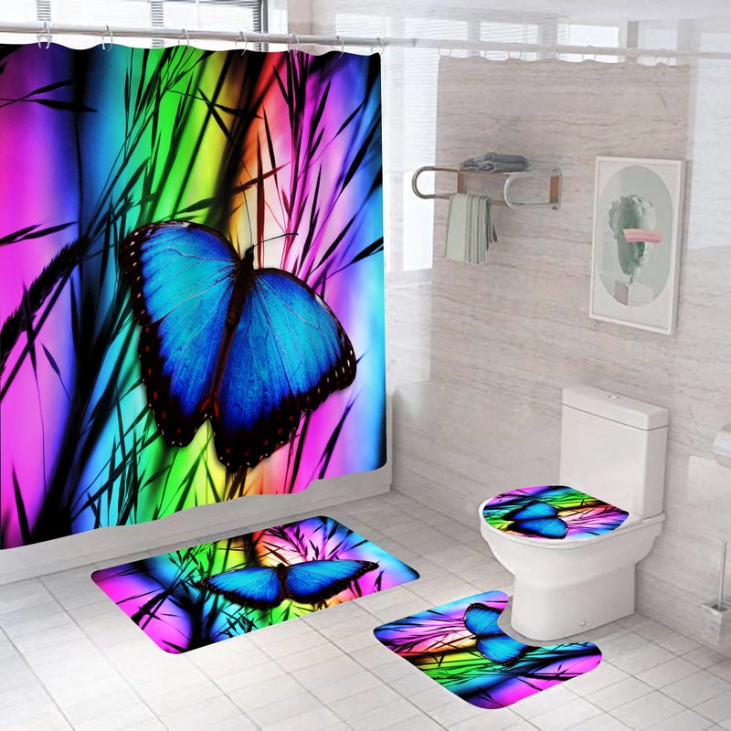 Y&D Butterfly Series 4-Piece Set Vintage Cartoon Mildew-Resistant Polyester Shower Curtain with Elegant 3-Piece Bathroom Mat - Image 1