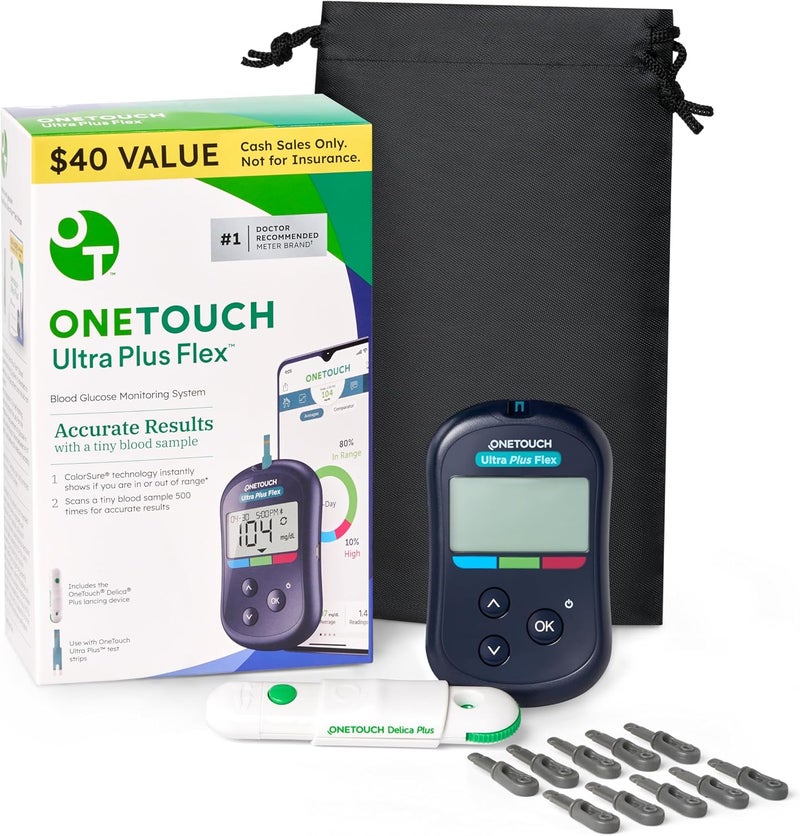 ONETOUCH مجموعة مكافأة OneTouch Ultra Plus Flex 1 جهاز قياس نسبة الجلوكوز في الدم UPF 1 جهاز وخز Delica Plus 10 إبر وخز Delica Plus 33g حقيبة حمل - Image 1