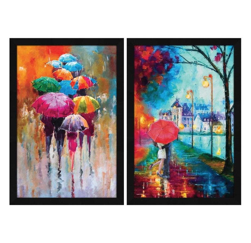 ArtX Paper Romantic Couple Wall Painting Watercolor Umbrellas For Bed Room Wall Art Painting Framed Picture Nature Love Multicolor 120 X 180 Inches Each Set Of 2