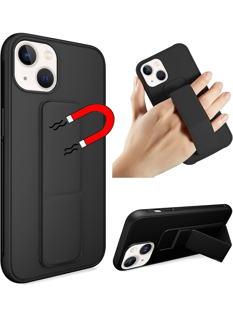 رفع القضية جراب متوافق مع هاتف Apple iPhone 14 Plus مع حامل مغناطيسي وحامل، جراب وحامل حزام إصبع من السيليكون الممتاز، حامل تثبيت على السيارة، غطاء بمسند - أسود - Image 1