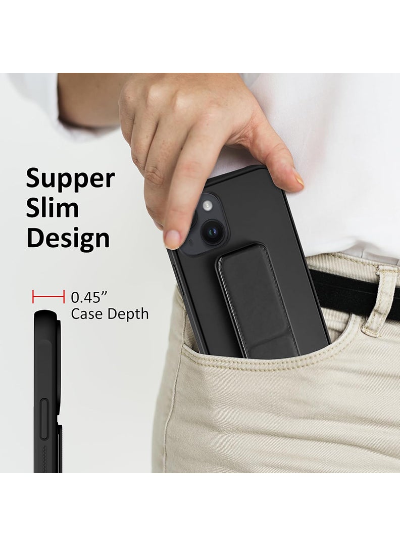 رفع القضية جراب متوافق مع هاتف Apple iPhone 14 Plus مع حامل مغناطيسي وحامل، جراب وحامل حزام إصبع من السيليكون الممتاز، حامل تثبيت على السيارة، غطاء بمسند - أسود - Image 5