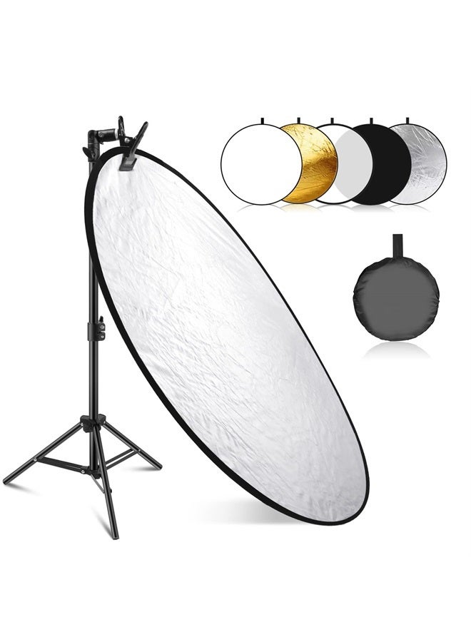 NEEWER 43”/110cm Light Reflector with Metal Clamp and Stand, 5-in-1 Collapsible Round Reflector - Translucent, Silver, Gold, White and Black for Low-Angle Children Studio Photography, Outdoor Lighting - Image 1