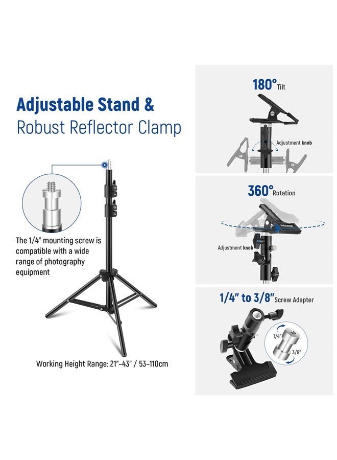 NEEWER 43”/110cm Light Reflector with Metal Clamp and Stand, 5-in-1 Collapsible Round Reflector - Translucent, Silver, Gold, White and Black for Low-Angle Children Studio Photography, Outdoor Lighting - Image 3