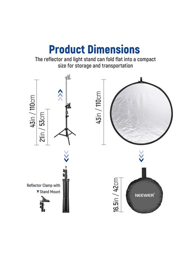 NEEWER 43”/110cm Light Reflector with Metal Clamp and Stand, 5-in-1 Collapsible Round Reflector - Translucent, Silver, Gold, White and Black for Low-Angle Children Studio Photography, Outdoor Lighting - Image 2