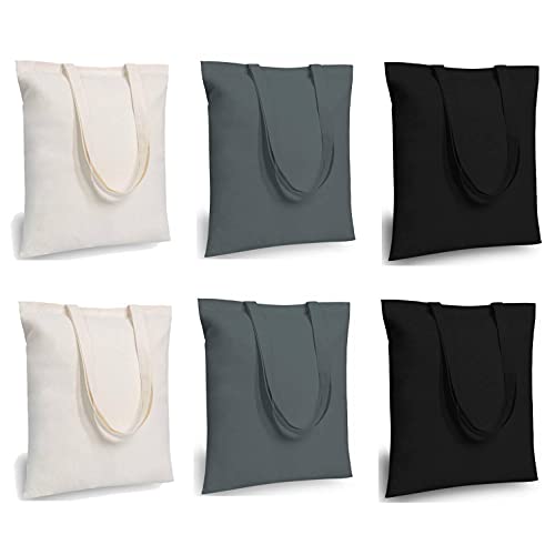 Lify Cotton Canvas Tote Bags Bulk Shopping Bag for Crafts, DIY Reusable Grocery Bag, 14 X 16 Inch – 6 Piece Pack (Black (2Piece)+Off-White (2Piece)+ Grey (2Piece)) - Image 1
