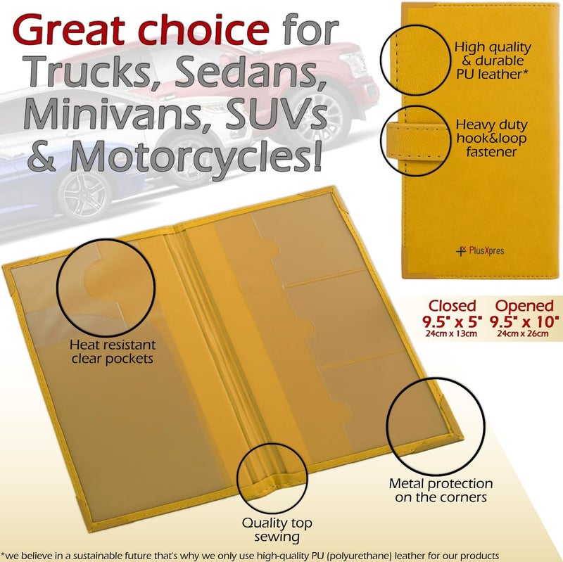 PlusXpres Auto Insurance and Registration Card Holder - Vehicle Glove Box Document Organizer - Car Essential Paperwork Holder for DMV, AAA, Contact Information Cards - Premium PU Leather Wallet Case - Yellow - Image 5
