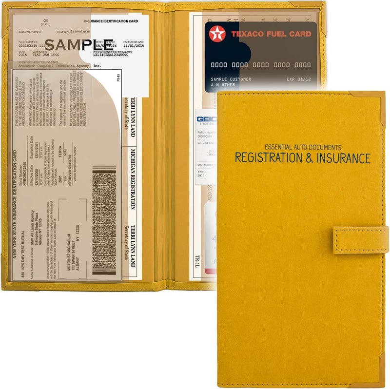 PlusXpres Auto Insurance and Registration Card Holder - Vehicle Glove Box Document Organizer - Car Essential Paperwork Holder for DMV, AAA, Contact Information Cards - Premium PU Leather Wallet Case - Yellow - Image 1