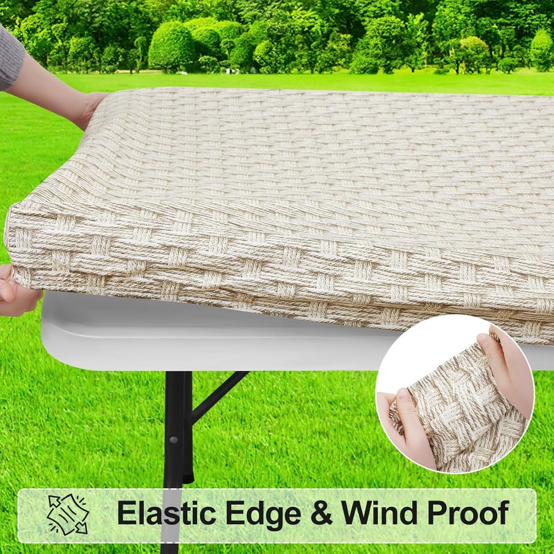 misaya Rectangle Vinyl Tablecloth, Fitted Table Cover, 100% Waterproof, Elastic Edge, Flannel Backing, Table Cloth Fit 8 Foot Folding Tables for Picnic, Camping, Outdoor (Weave, 30x96 inch) - Image 2