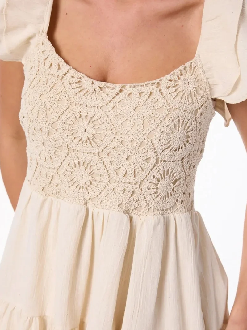 HICCUP Crochet Tiered Mini Dress with Flutter Sleeves
