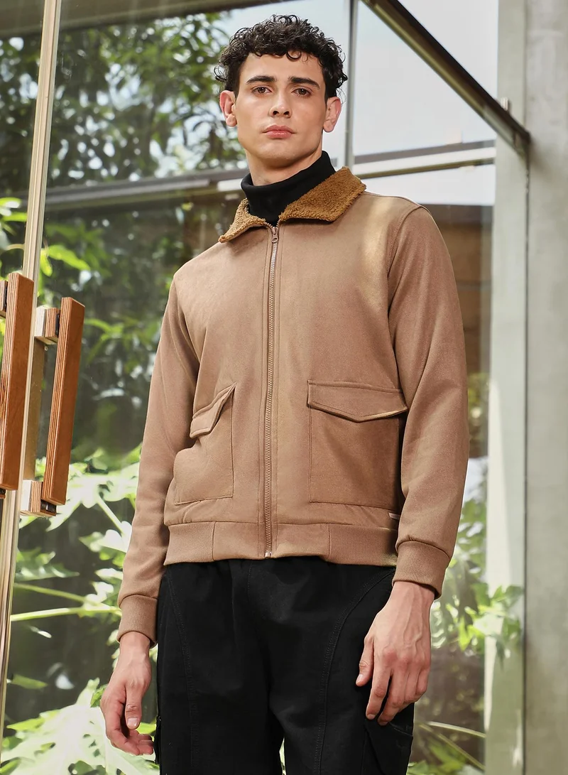Campus Sutra Campus Sutra Men's Tan Brown Zip-Front Sherpa-Lined Suede Jacket | Point Collar  , Ribbed Cuff Sleeves , Zipper  Closure , Ribbed-Straight Hem | Solid Textured For Casual & Daily Wear