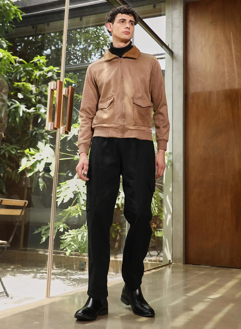 Campus Sutra Campus Sutra Men's Tan Brown Zip-Front Sherpa-Lined Suede Jacket | Point Collar  , Ribbed Cuff Sleeves , Zipper  Closure , Ribbed-Straight Hem | Solid Textured For Casual & Daily Wear