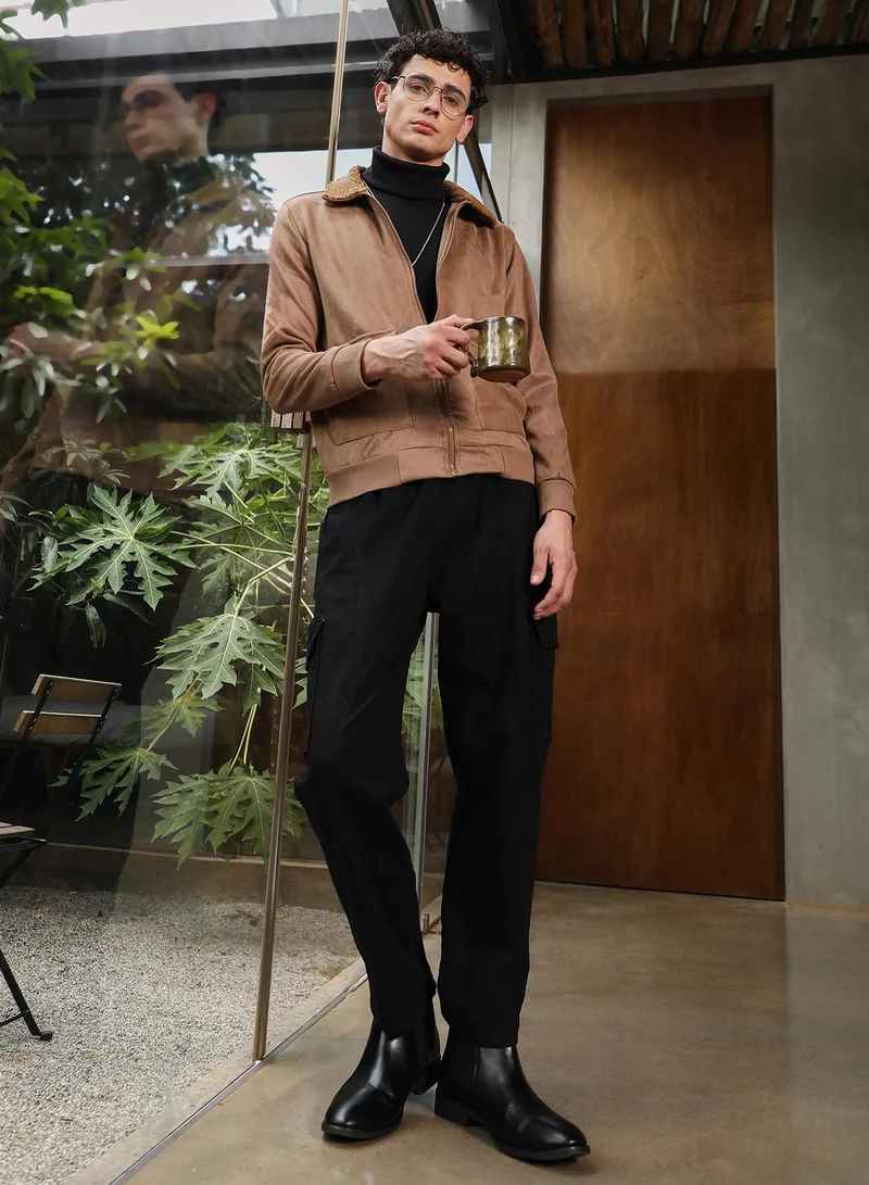 Campus Sutra Campus Sutra Men's Tan Brown Zip-Front Sherpa-Lined Suede Jacket | Point Collar  , Ribbed Cuff Sleeves , Zipper  Closure , Ribbed-Straight Hem | Solid Textured For Casual & Daily Wear