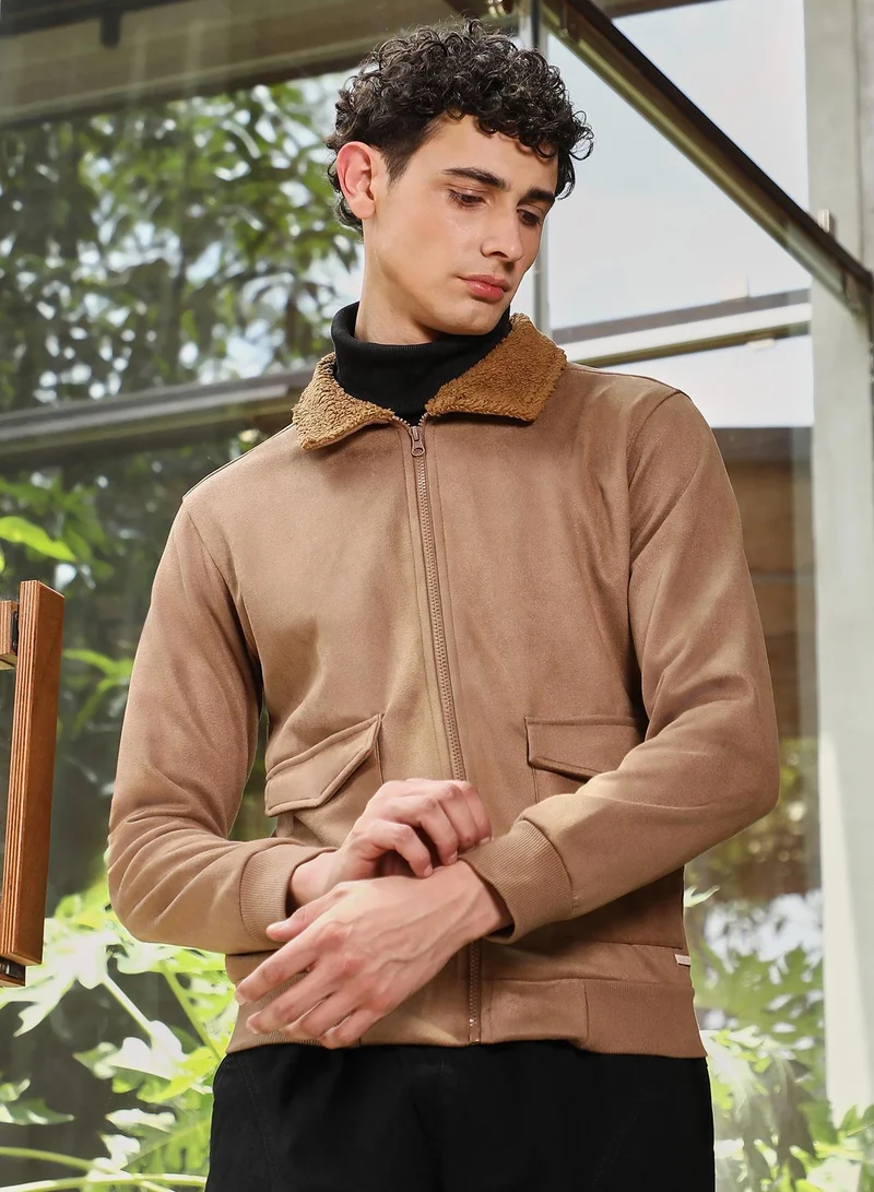 كامبوس سوترا Campus Sutra Men's Tan Brown Zip-Front Sherpa-Lined Suede Jacket | Point Collar  , Ribbed Cuff Sleeves , Zipper  Closure , Ribbed-Straight Hem | Solid Textured For Casual & Daily Wear
