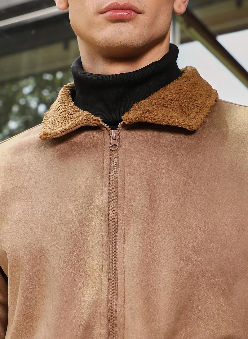 Campus Sutra Campus Sutra Men's Tan Brown Zip-Front Sherpa-Lined Suede Jacket | Point Collar  , Ribbed Cuff Sleeves , Zipper  Closure , Ribbed-Straight Hem | Solid Textured For Casual & Daily Wear