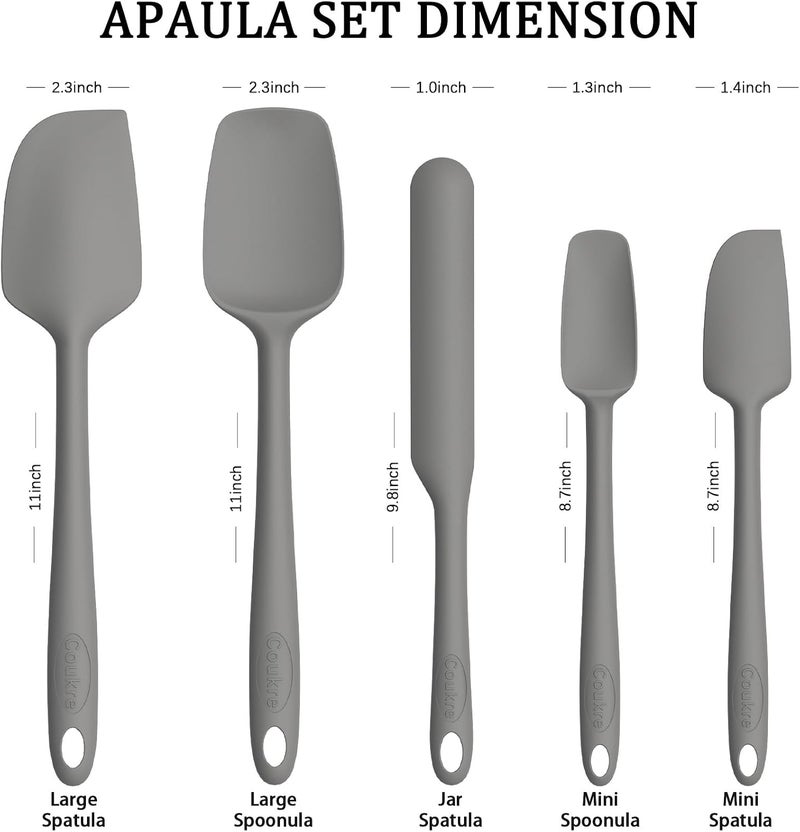 Coukre Silicone Spatula Set of 5,High Heat Resistant, Food Grade Silicone, Upgraded Extended Reinforced Handle,Dishwasher Safe, for Baking, Cooking (Pure Gray, Solid color) - Image 4