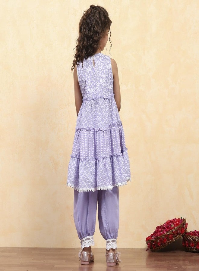 Biba Girl's Purple Cotton Tiered Printed Kurta Salwar Set - Image 5