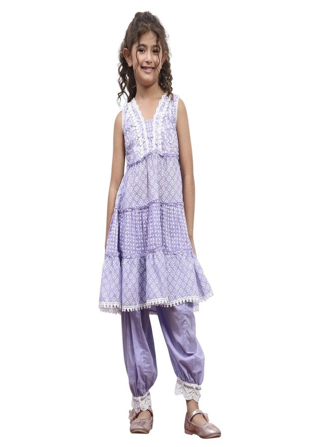 Biba Girl's Purple Cotton Tiered Printed Kurta Salwar Set - Image 1