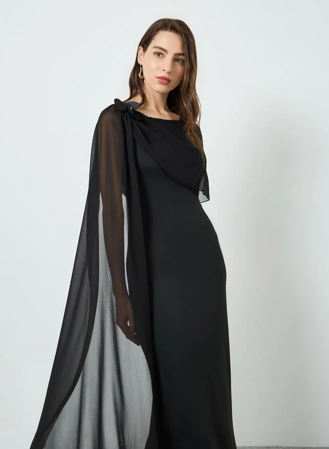 Take Two Women Black Round Neck Cape Sleeve Maxi Dress